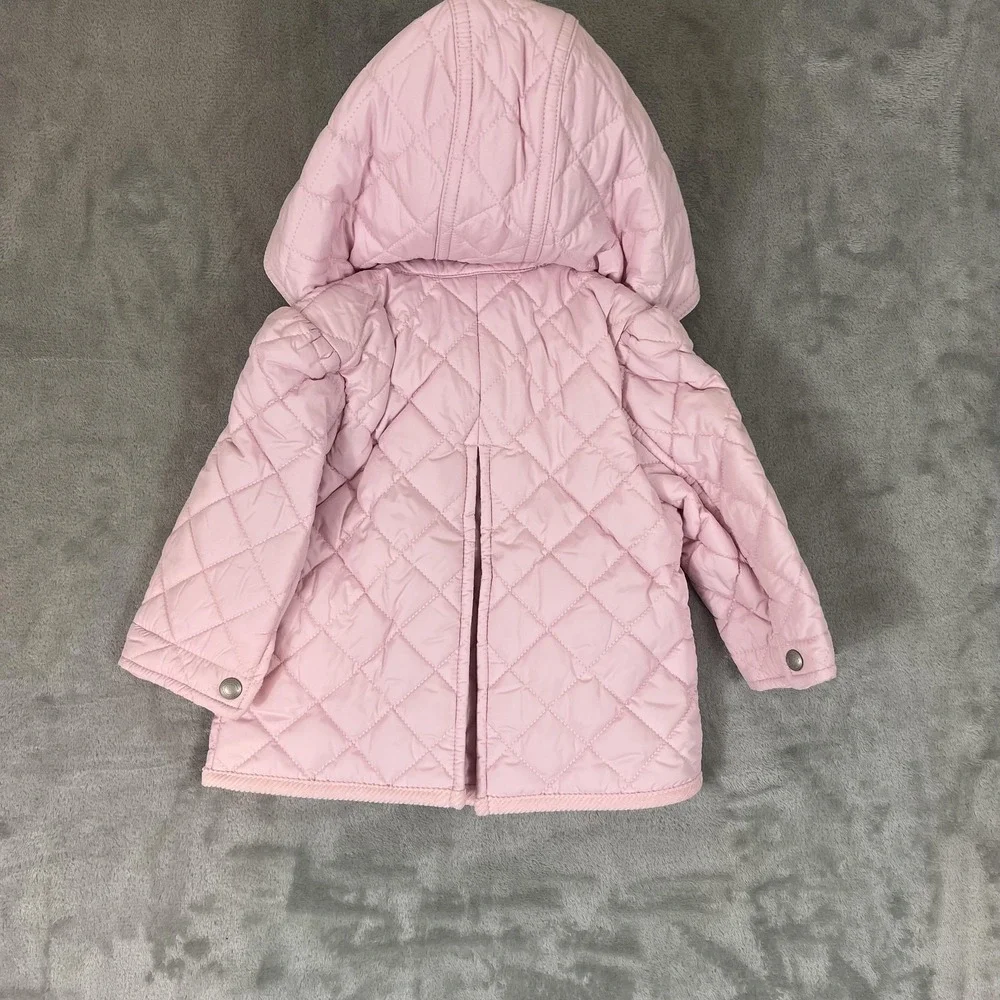 Ralph Lauren Jacket Girls 9M Pink Quilted Hooded Corduroy Collar Snap Pockets